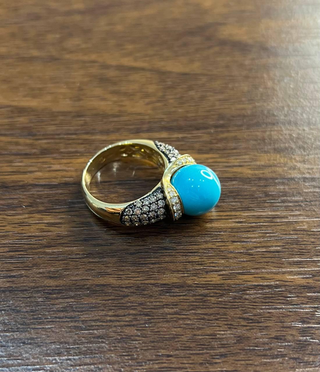 Teal Blue Turquoise Champagne Diamond Pave Set 14K Yellow Gold Statement Ring