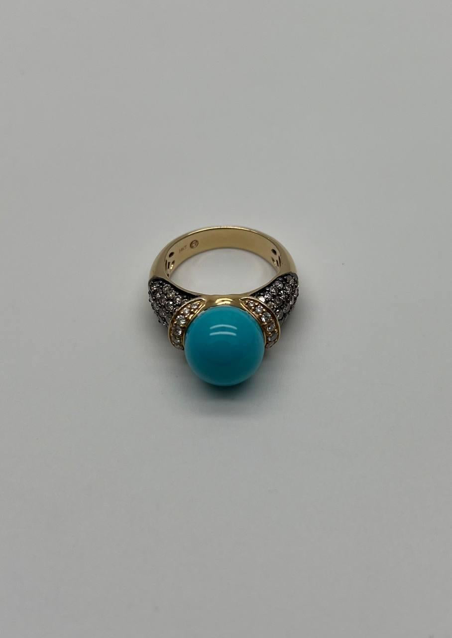 Teal Blue Turquoise Champagne Diamond Pave Set 14K Yellow Gold Statement Ring