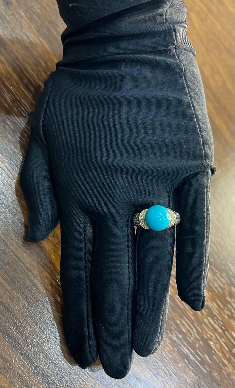 Teal Blue Turquoise Champagne Diamond Pave Set 14K Yellow Gold Statement Ring