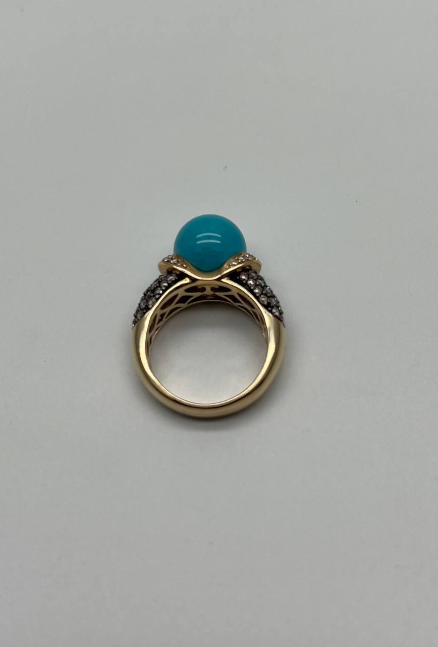 Teal Blue Turquoise Champagne Diamond Pave Set 14K Yellow Gold Statement Ring