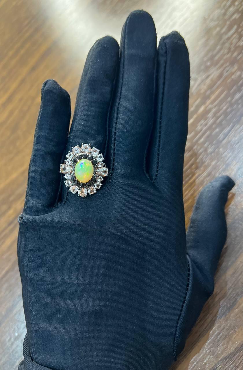 White Yellow Opal Black Diamond Halo Peach Morganite Rose Gold Statement Ring
