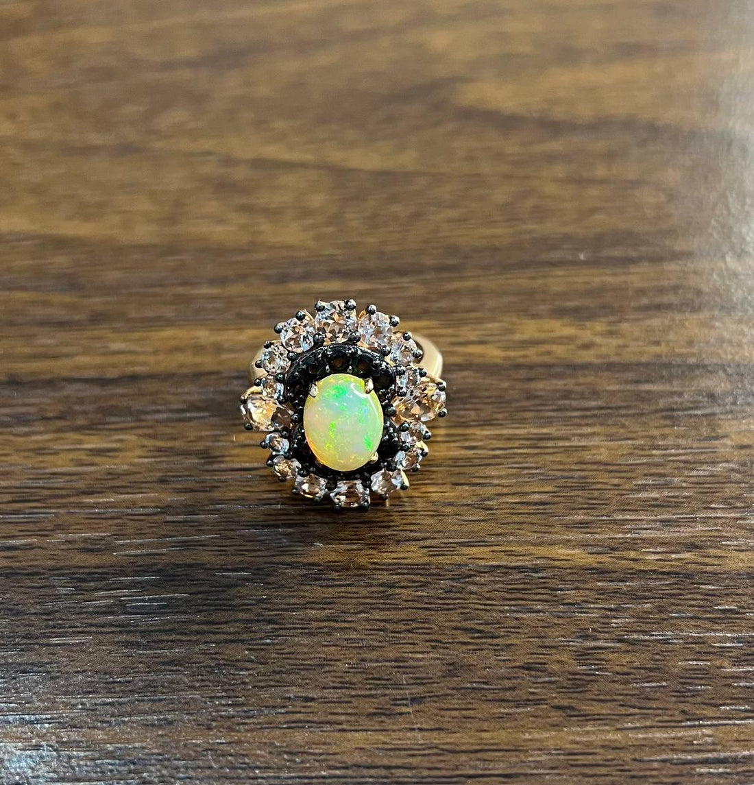 White Yellow Opal Black Diamond Halo Peach Morganite Rose Gold Statement Ring