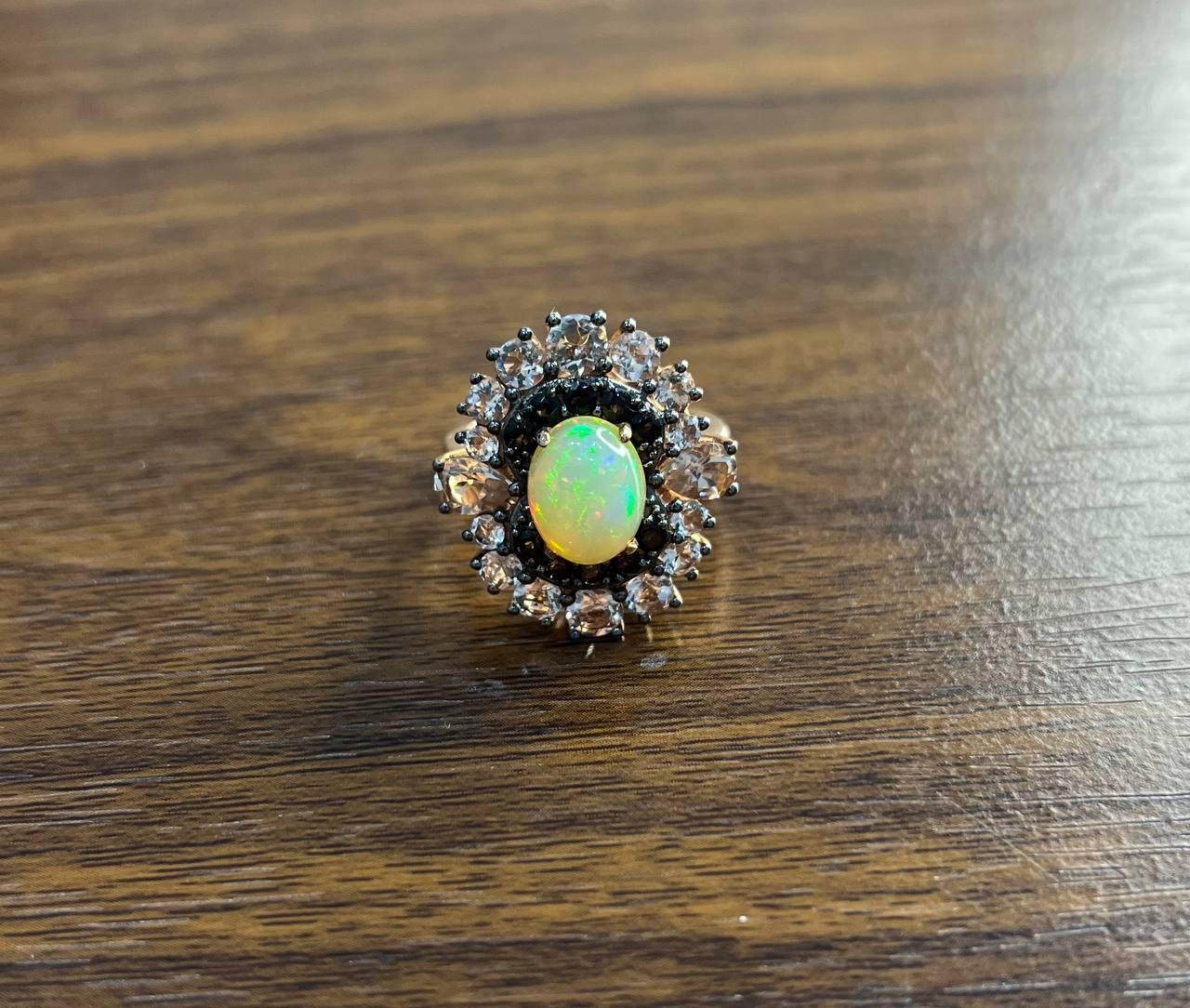 White Yellow Opal Black Diamond Halo Peach Morganite Rose Gold Statement Ring