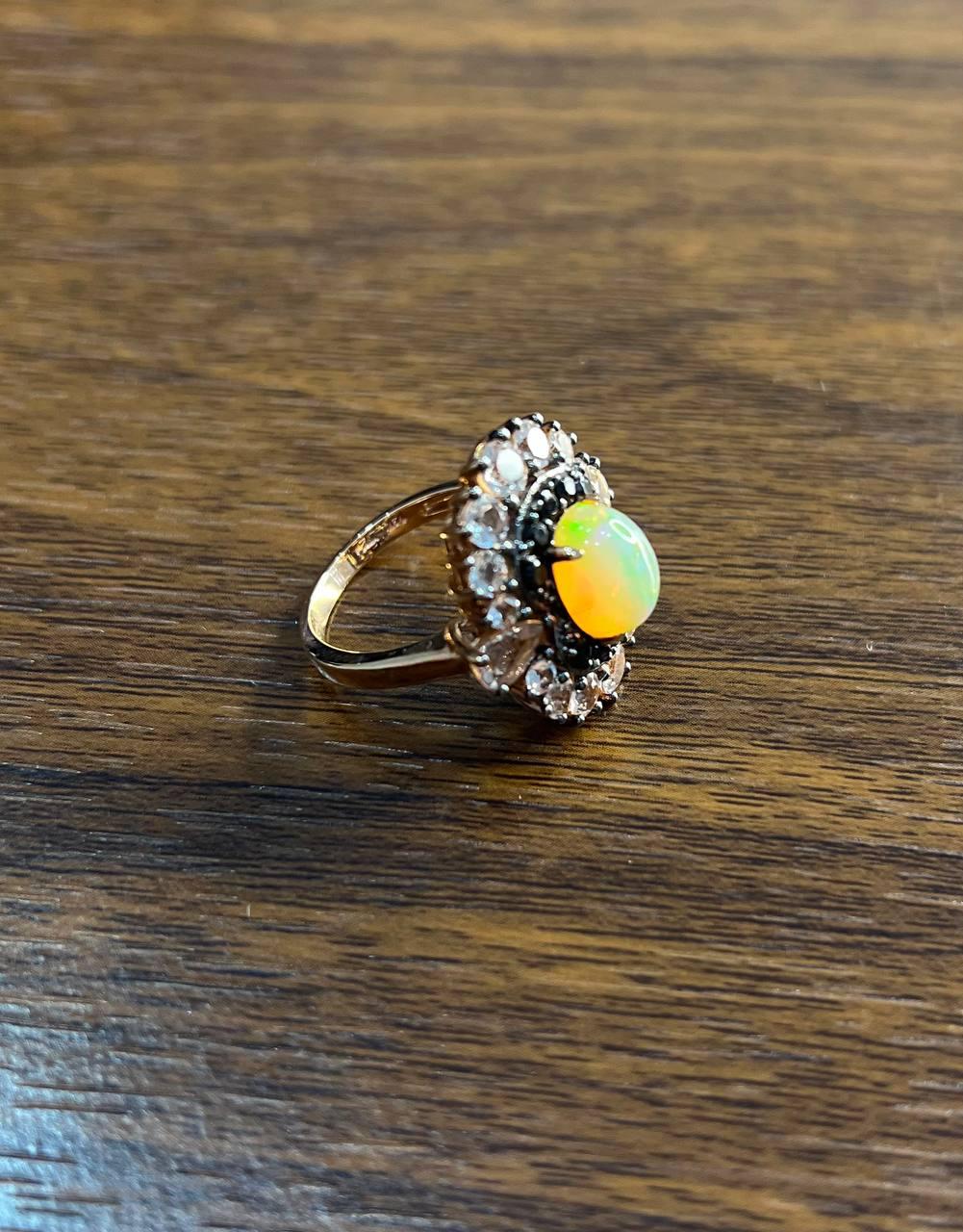 White Yellow Opal Black Diamond Halo Peach Morganite Rose Gold Statement Ring