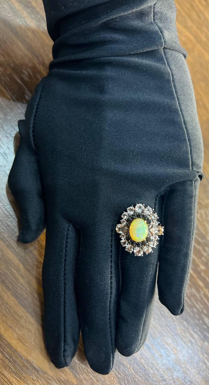 White Yellow Opal Black Diamond Halo Peach Morganite Rose Gold Statement Ring