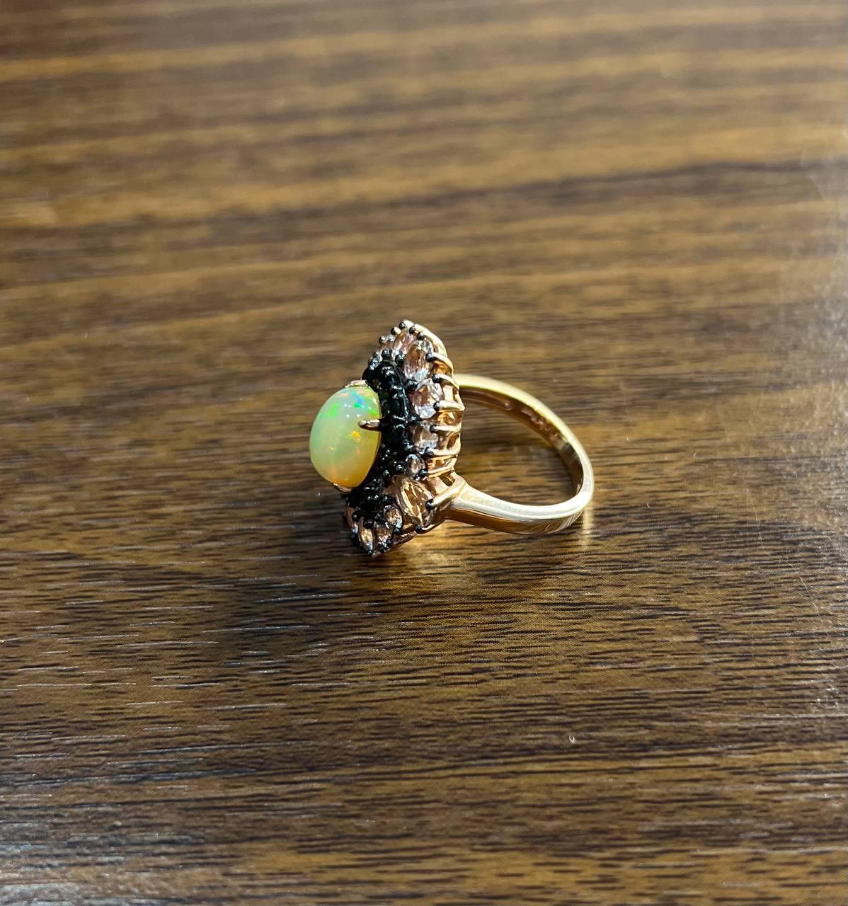 White Yellow Opal Black Diamond Halo Peach Morganite Rose Gold Statement Ring