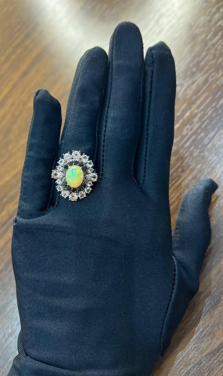 White Yellow Opal Black Diamond Halo Peach Morganite Rose Gold Statement Ring