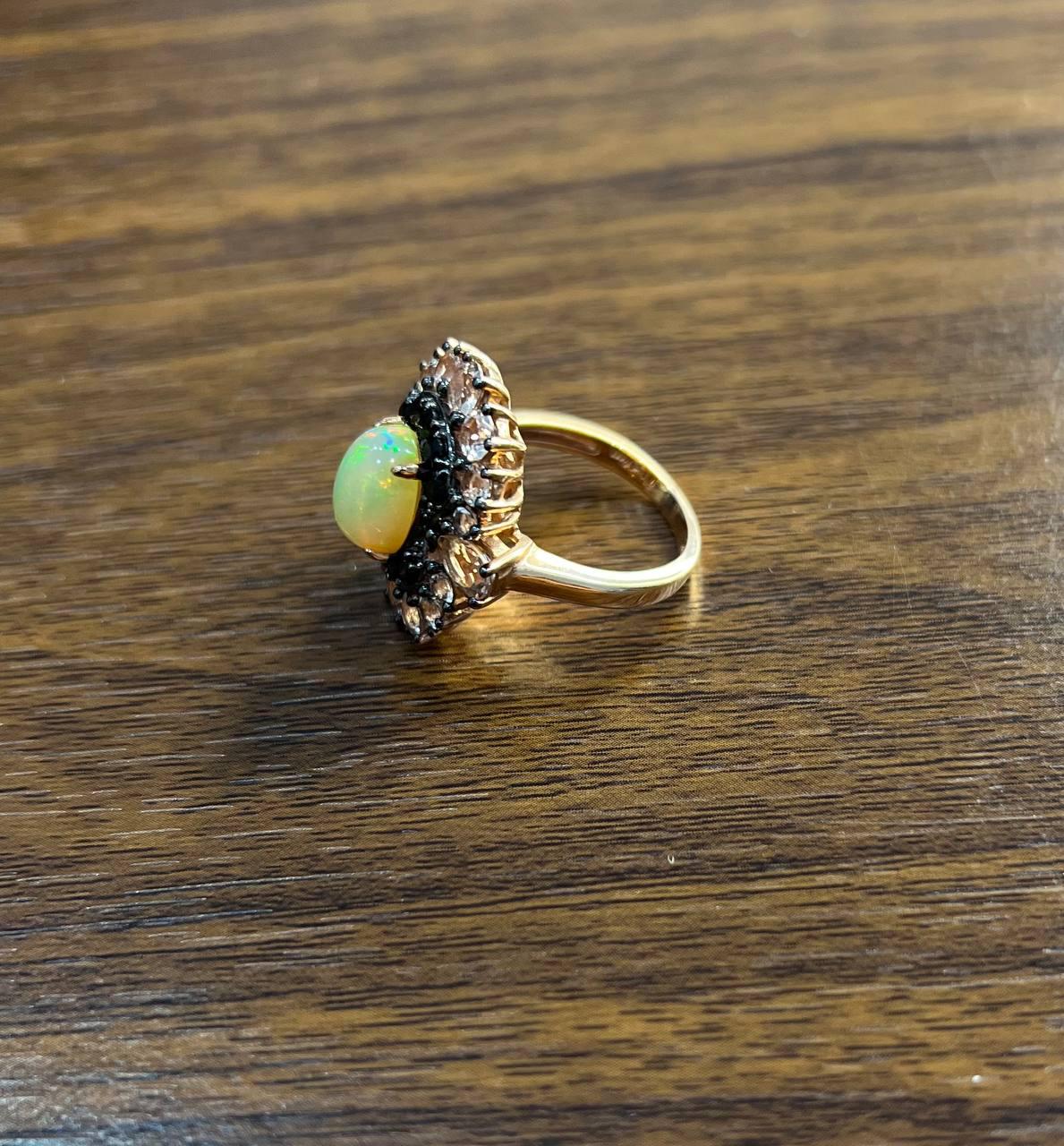 White Yellow Opal Black Diamond Halo Peach Morganite Rose Gold Statement Ring