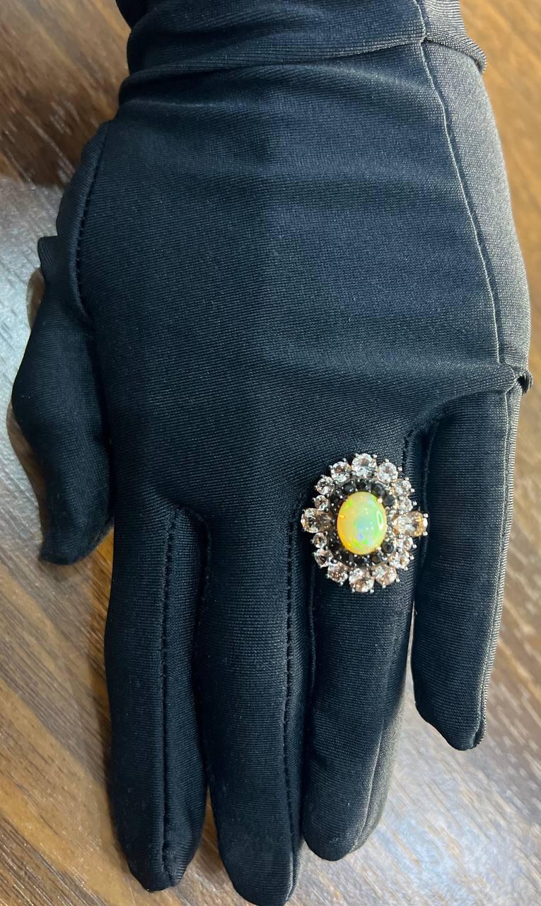 White Yellow Opal Black Diamond Halo Peach Morganite Rose Gold Statement Ring