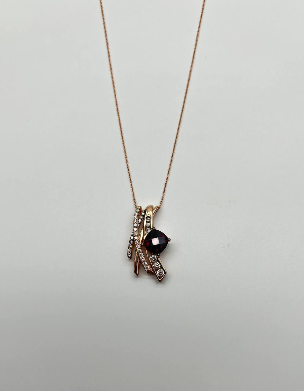 Square Cushion Red Garnet White Diamonds 14K Rose Gold Pendant Necklace