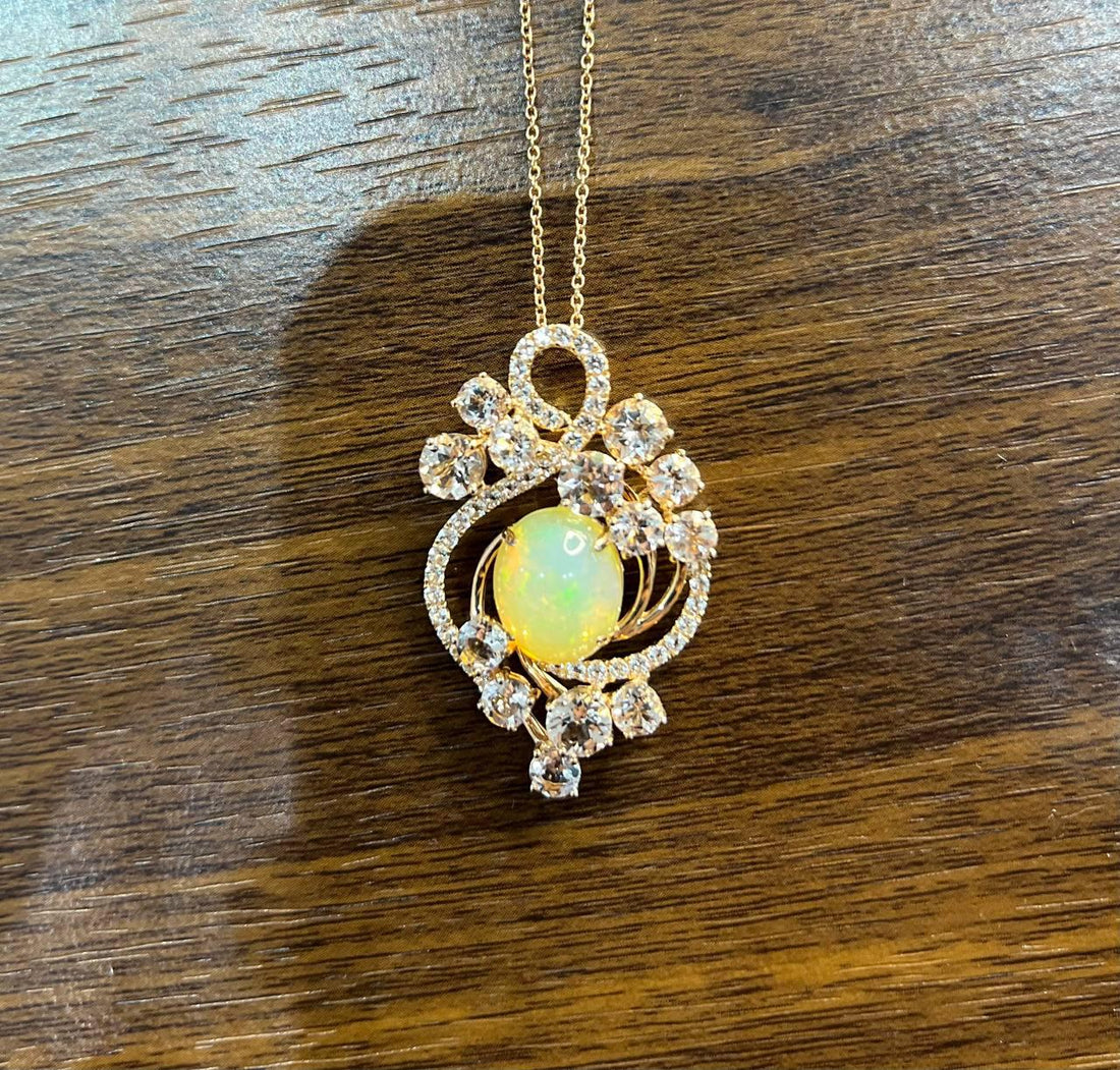 Yellow White Opal Peach Morganites White Diamonds 14K Rose Gold Pendant Necklace