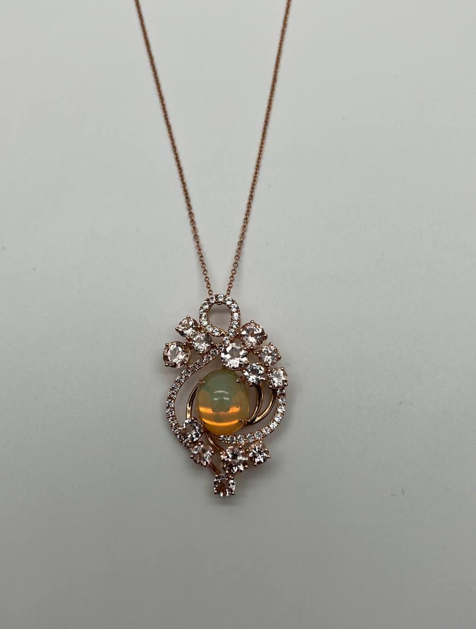 Yellow White Opal Peach Morganites White Diamonds 14K Rose Gold Pendant Necklace