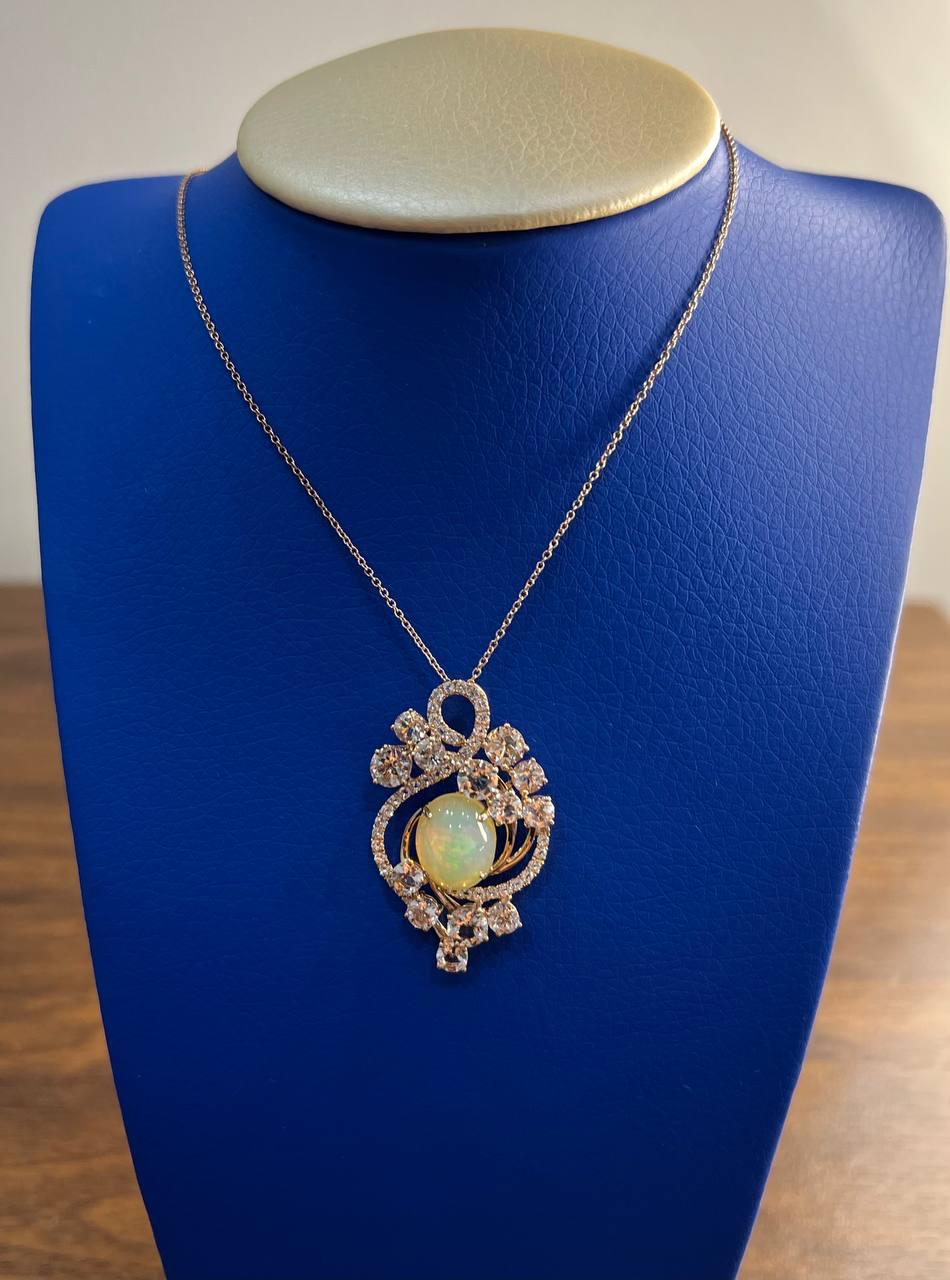 Yellow White Opal Peach Morganites White Diamonds 14K Rose Gold Pendant Necklace