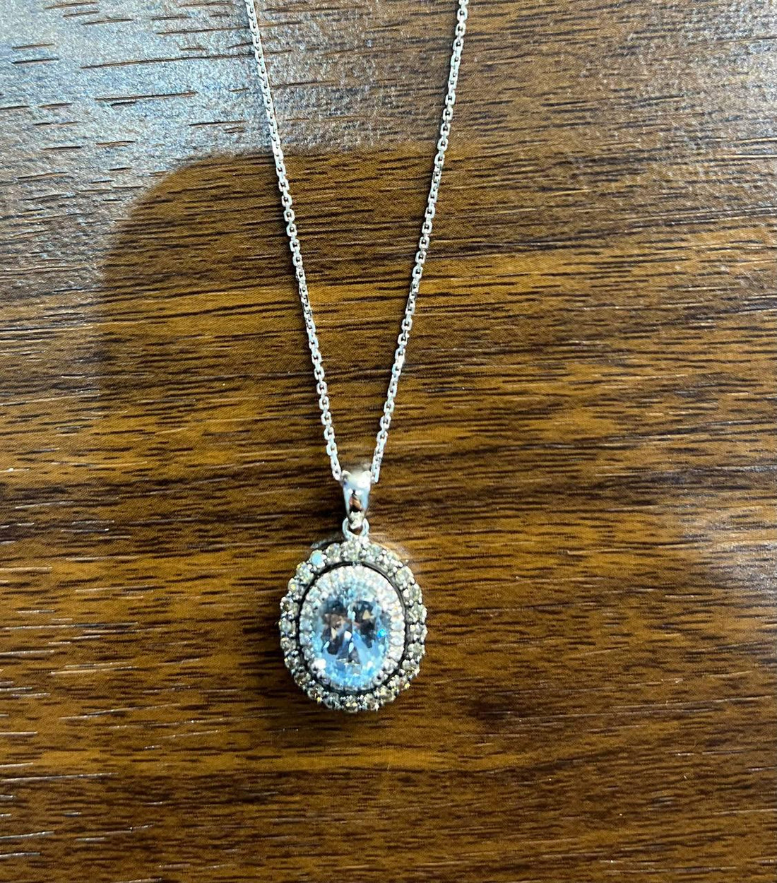 Light Blue Topaz White Diamond Halo 14K White Gold Statement Pendant Necklace