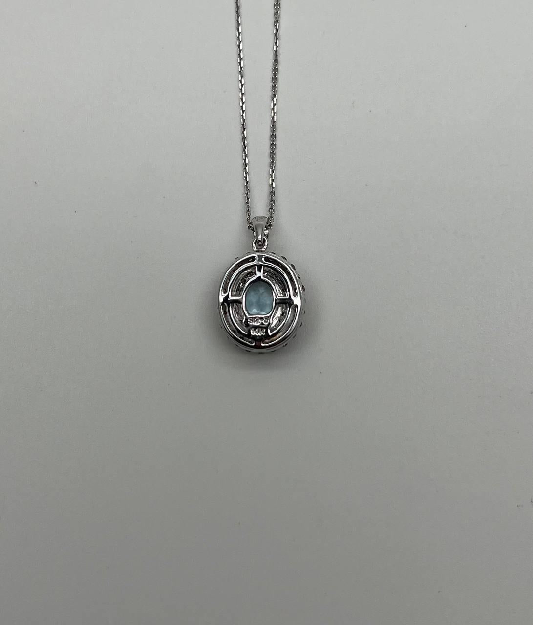 Light Blue Topaz White Diamond Halo 14K White Gold Statement Pendant Necklace