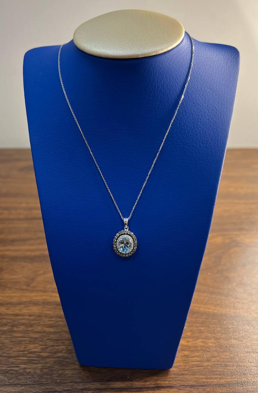 Light Blue Topaz White Diamond Halo 14K White Gold Statement Pendant Necklace