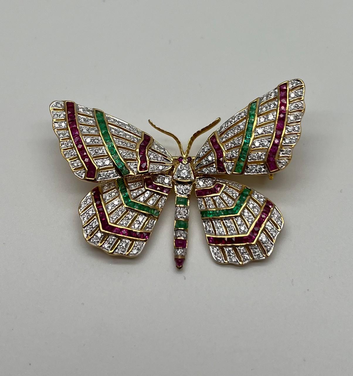 Butterfly Brooch Pin 18K Yellow Gold Diamond Emerald Ruby Channel Set Statement
