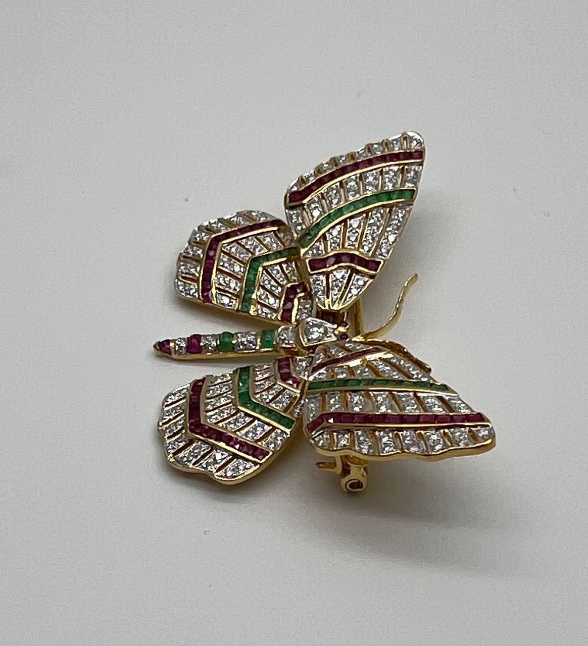 Butterfly Brooch Pin 18K Yellow Gold Diamond Emerald Ruby Channel Set Statement