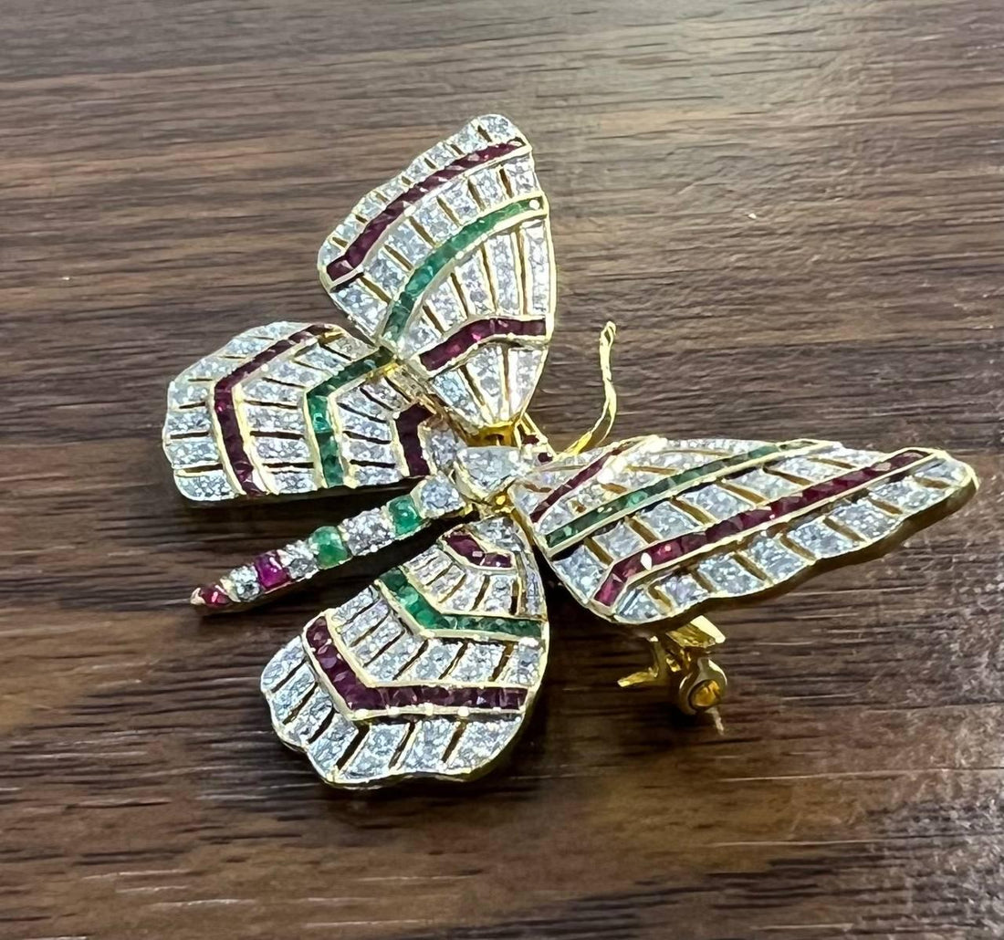 Butterfly Brooch Pin 18K Yellow Gold Diamond Emerald Ruby Channel Set Statement
