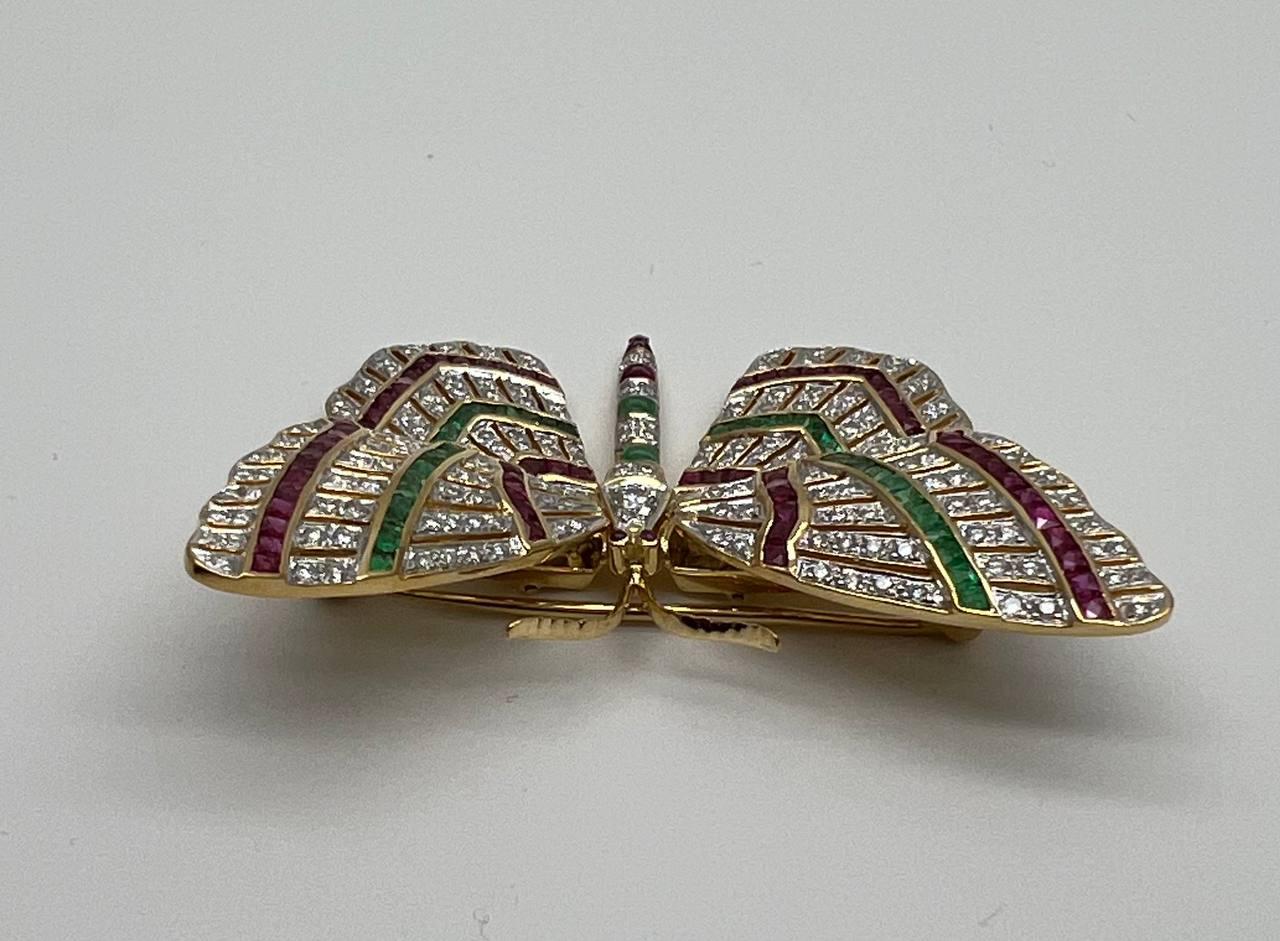 Butterfly Brooch Pin 18K Yellow Gold Diamond Emerald Ruby Channel Set Statement