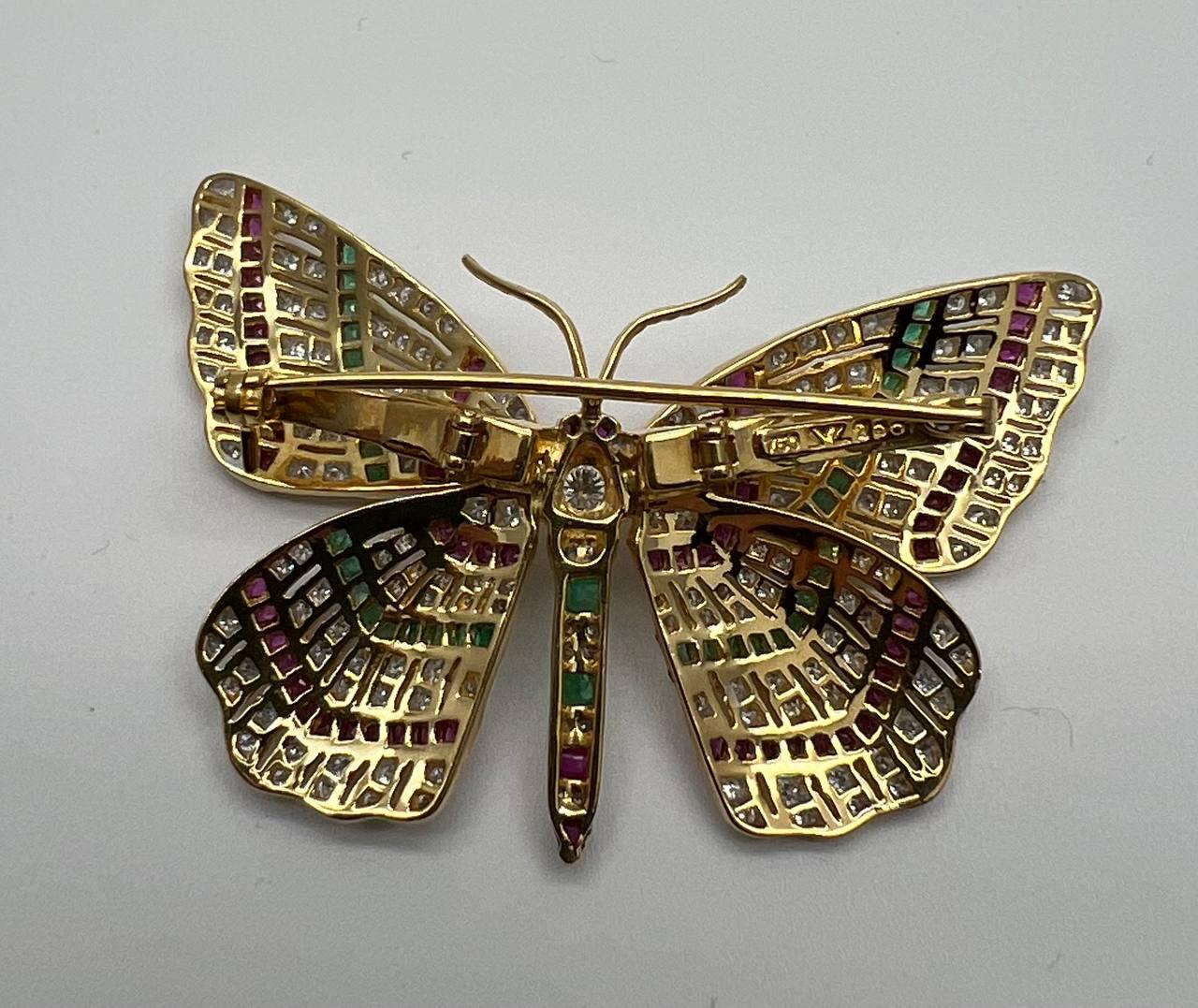 Butterfly Brooch Pin 18K Yellow Gold Diamond Emerald Ruby Channel Set Statement