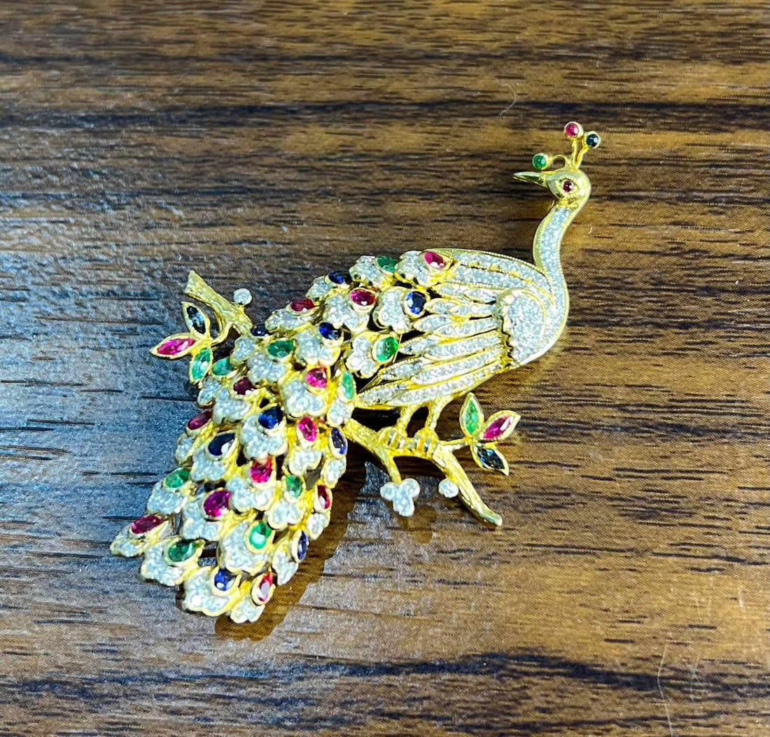 Peacock Bird 14K Yellow Gold Brooch Pin White Diamonds Rubies Emerald Sapphires
