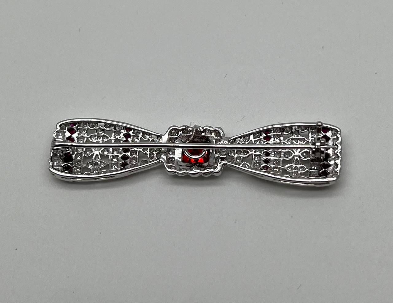 Emerald Cut Red Ruby White Diamond Filigree 18 Karat White Gold Brooch Pin