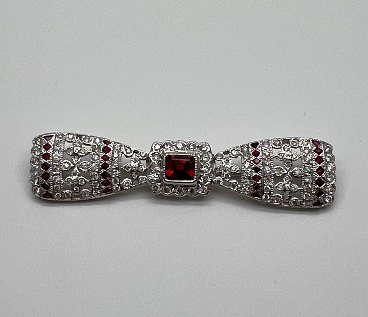 Emerald Cut Red Ruby White Diamond Filigree 18 Karat White Gold Brooch Pin