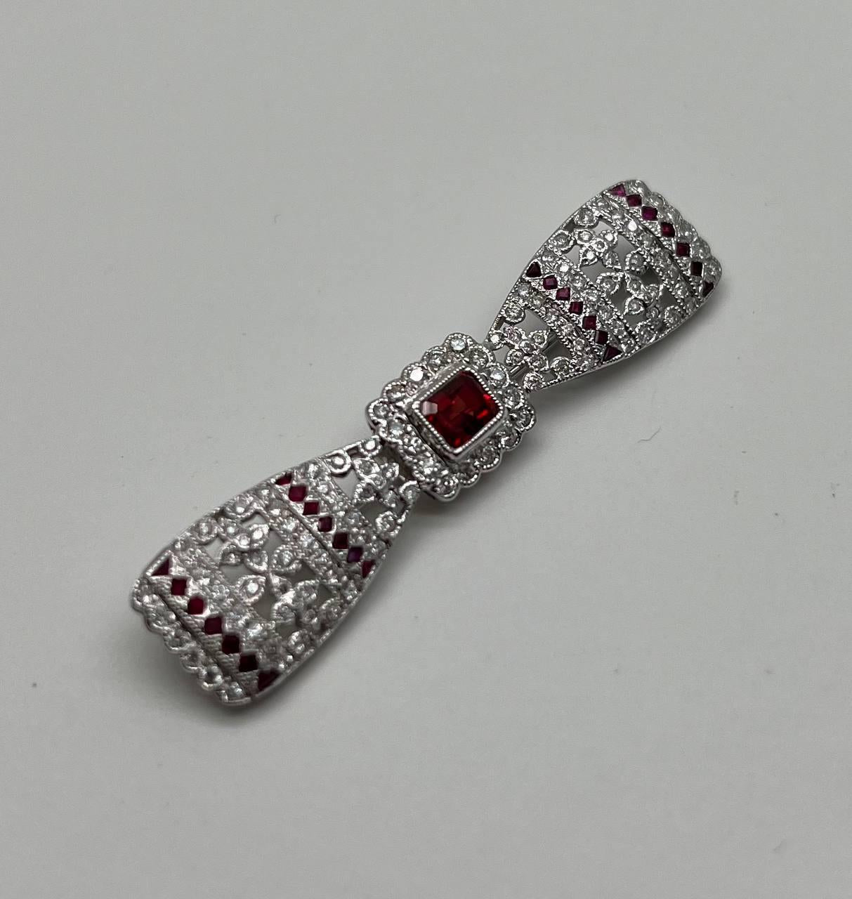 Emerald Cut Red Ruby White Diamond Filigree 18 Karat White Gold Brooch Pin