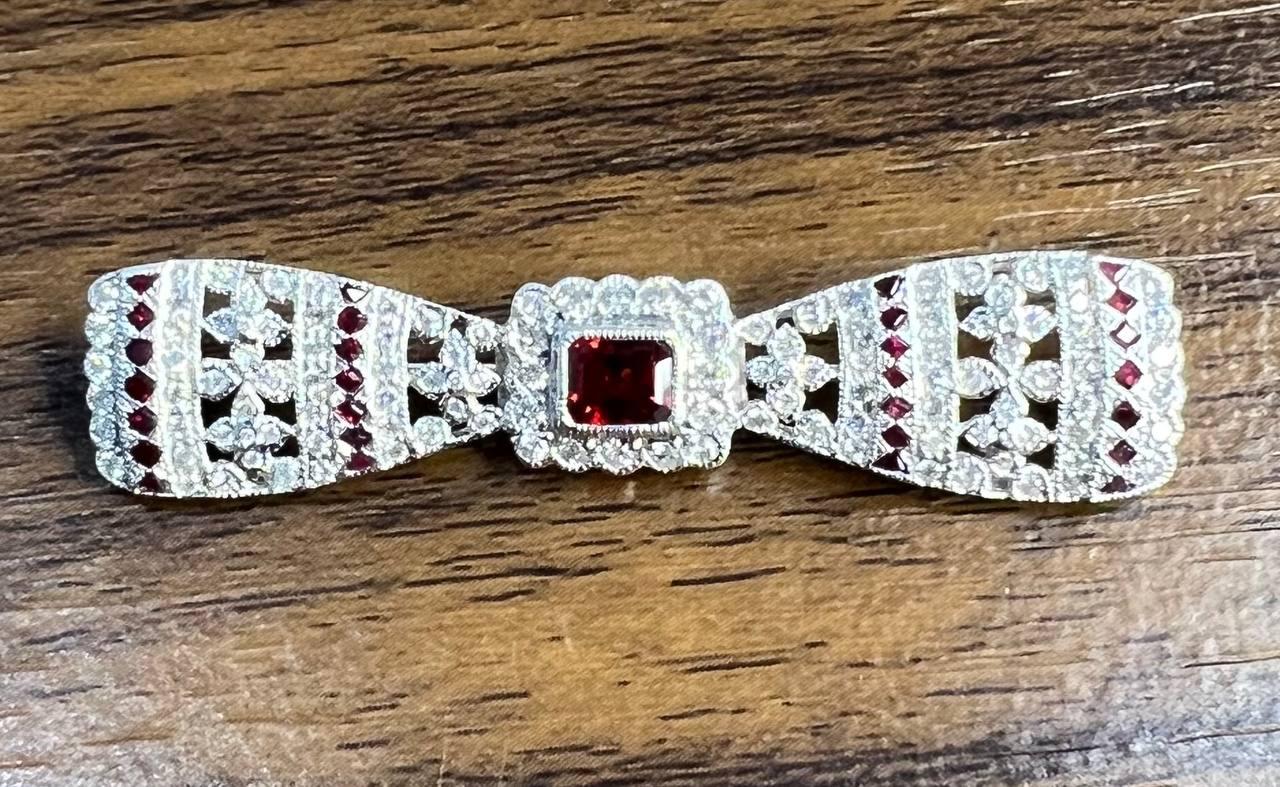 Emerald Cut Red Ruby White Diamond Filigree 18 Karat White Gold Brooch Pin