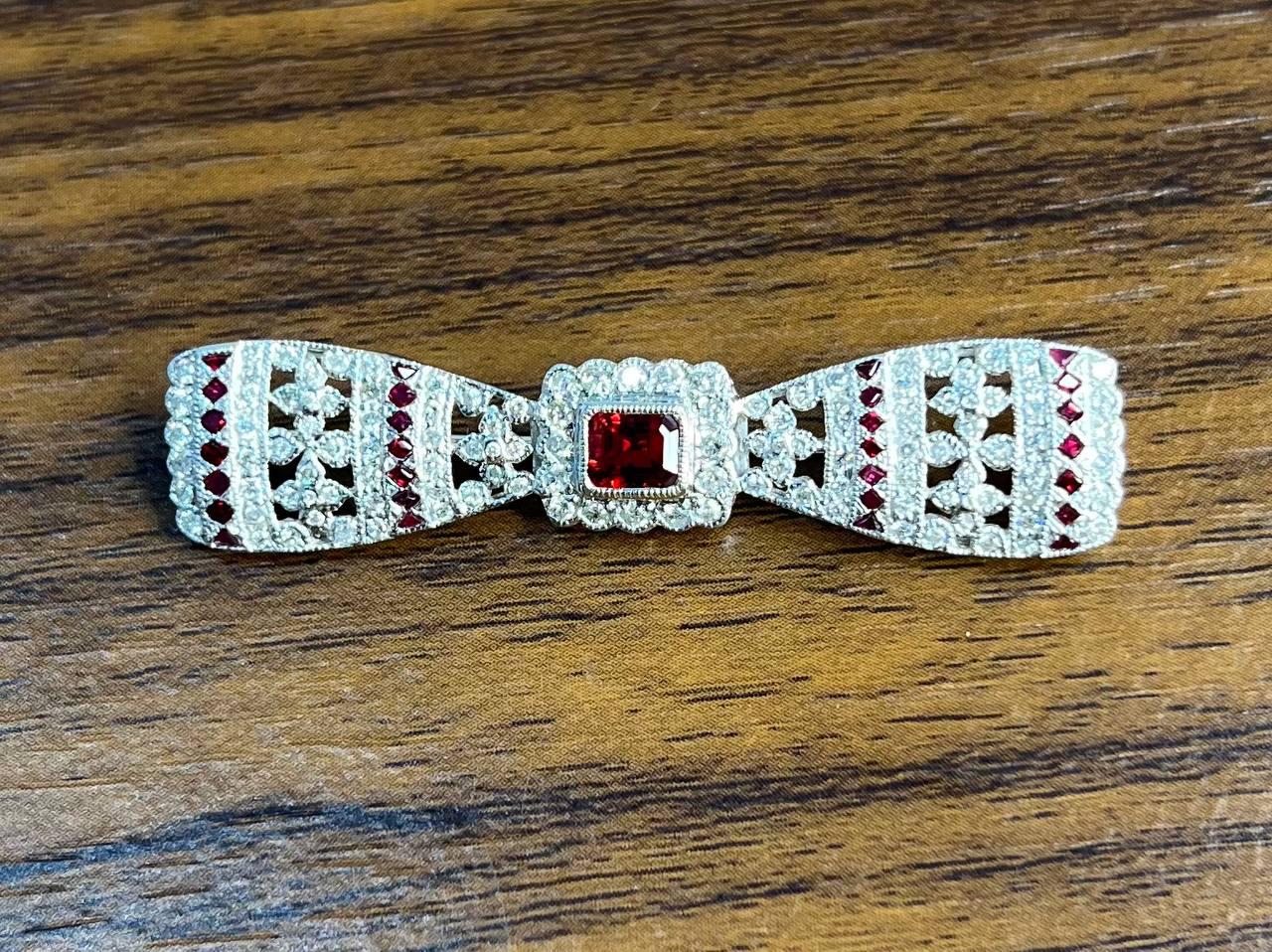 Emerald Cut Red Ruby White Diamond Filigree 18 Karat White Gold Brooch Pin