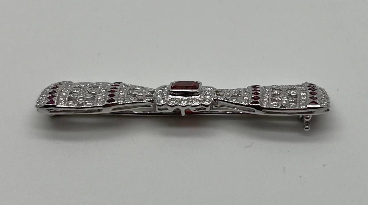 Emerald Cut Red Ruby White Diamond Filigree 18 Karat White Gold Brooch Pin
