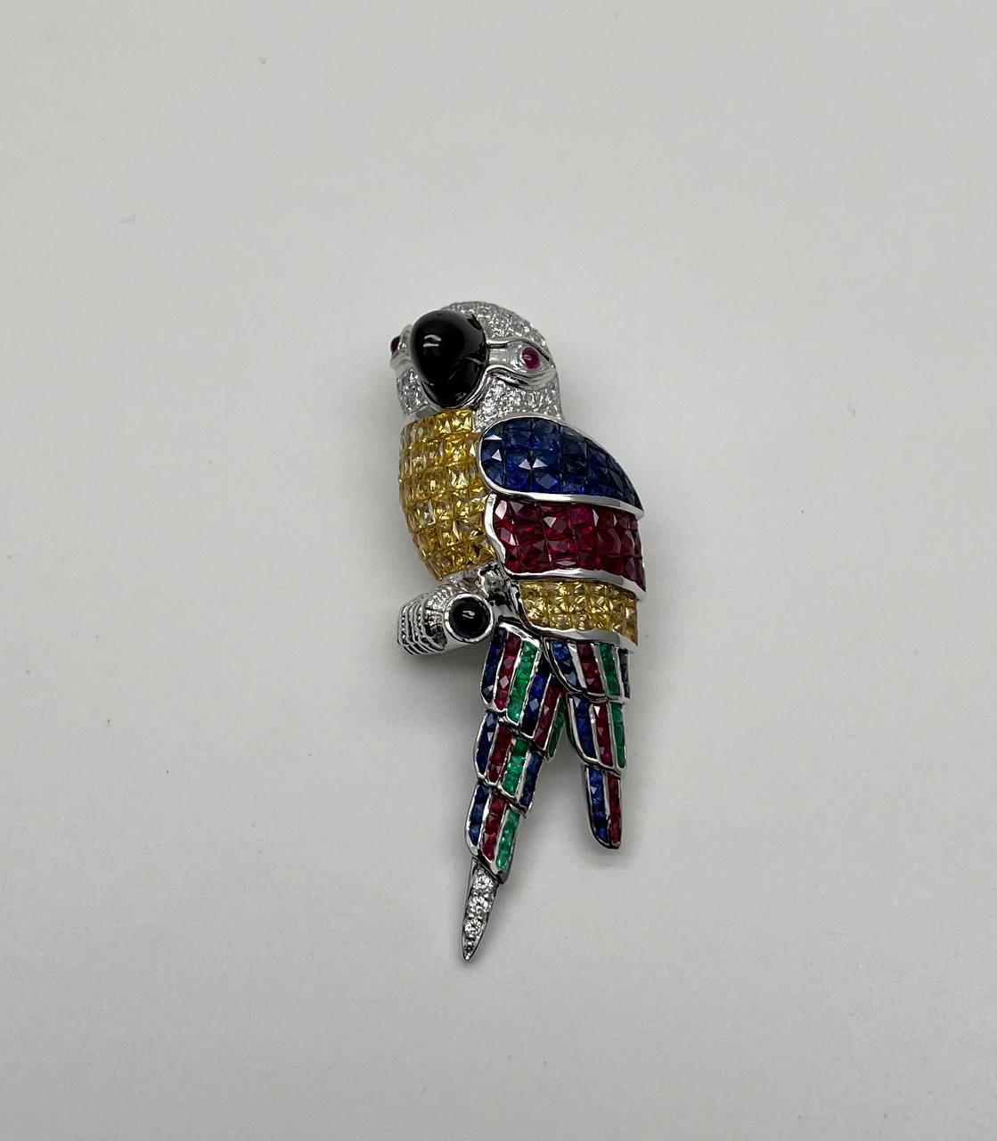 Invisible Setting Fancy Cut Sapphire Ruby Emerald Diamond Parrot Bird Brooch Pin
