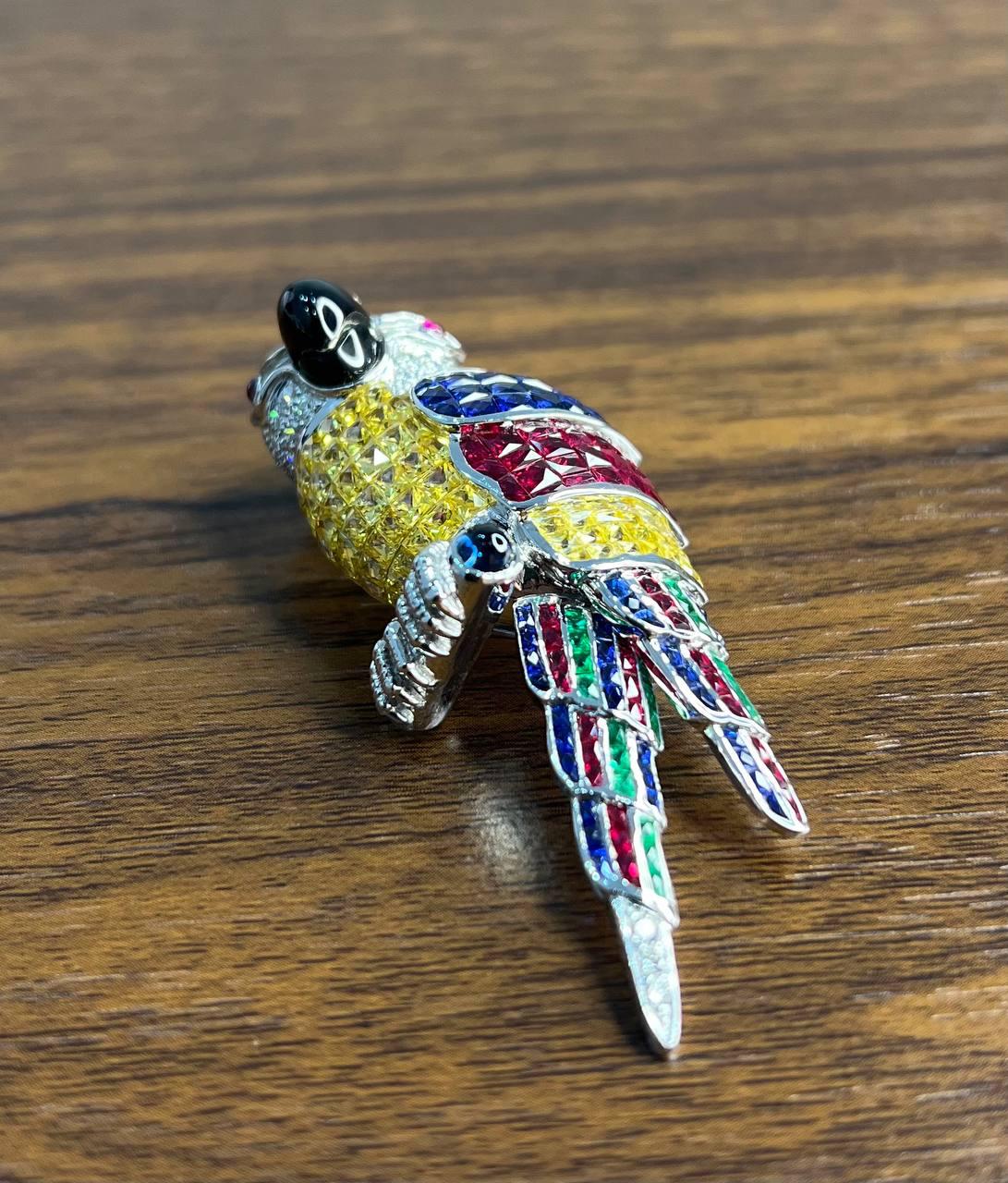 Invisible Setting Fancy Cut Sapphire Ruby Emerald Diamond Parrot Bird Brooch Pin