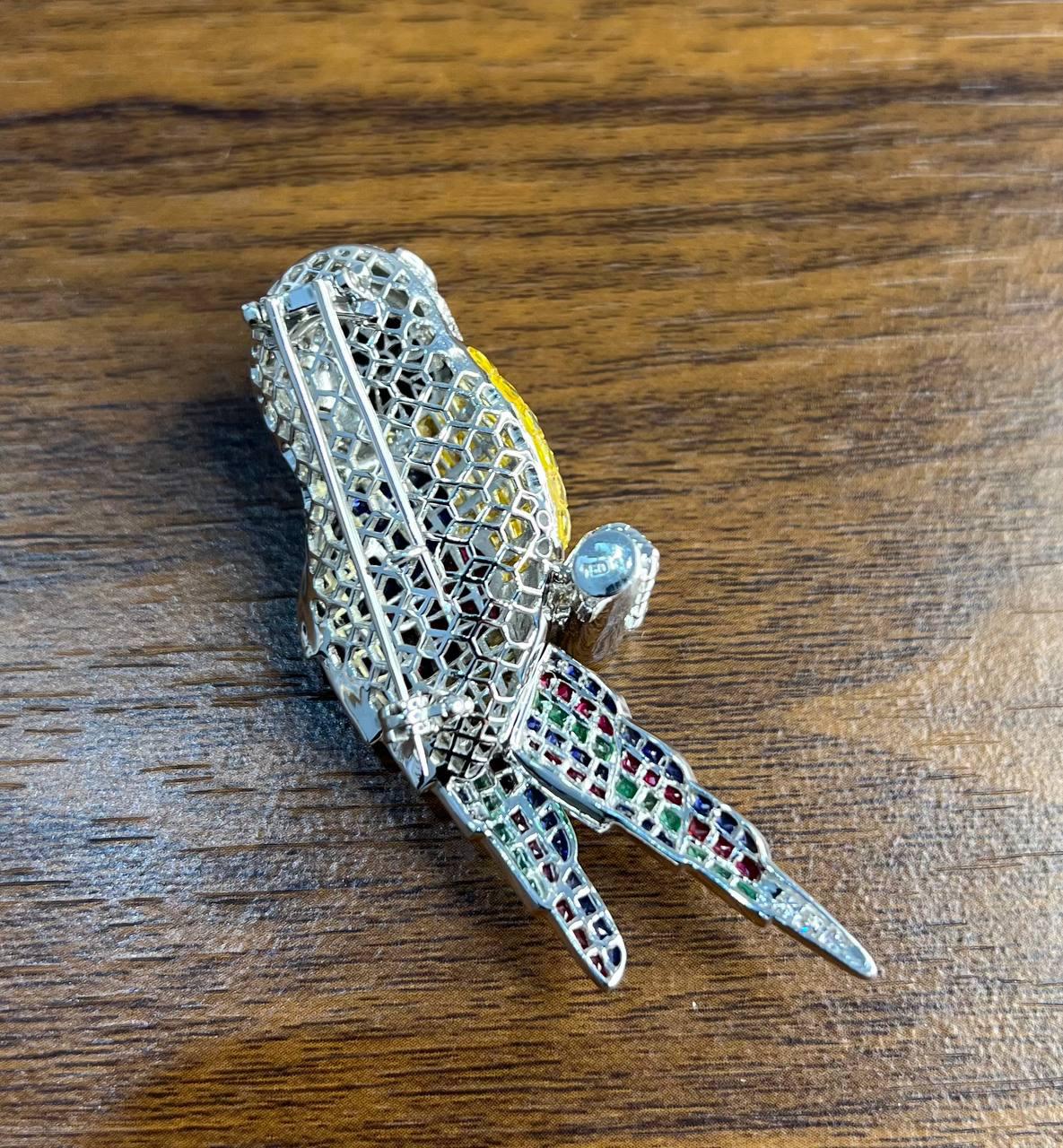 Invisible Setting Fancy Cut Sapphire Ruby Emerald Diamond Parrot Bird Brooch Pin