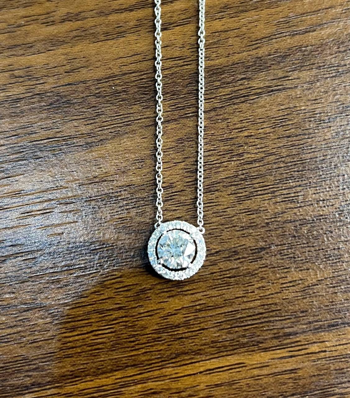 White Brilliant Round Diamond Solitaire Halo Set 18K White Gold Pendant Necklace