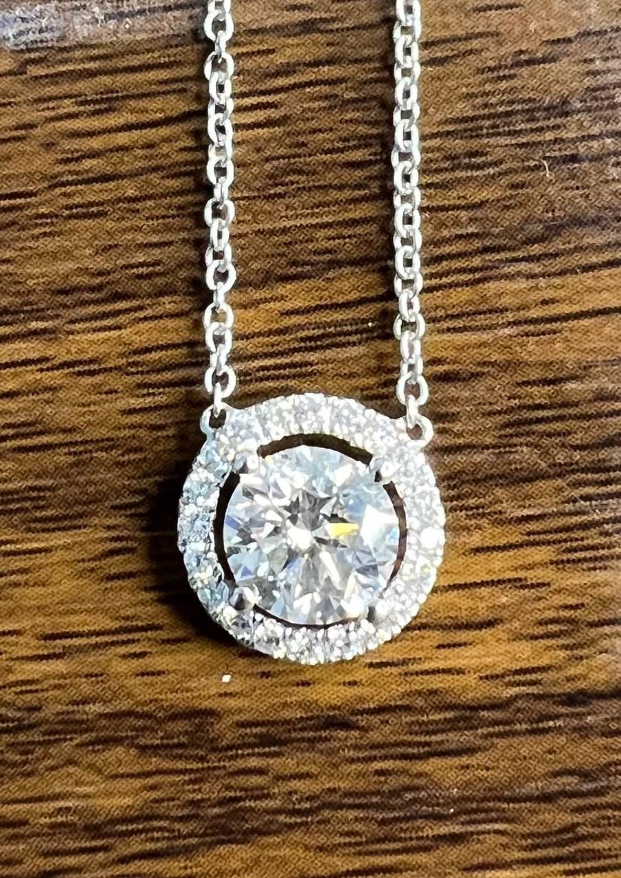 White Brilliant Round Diamond Solitaire Halo Set 18K White Gold Pendant Necklace