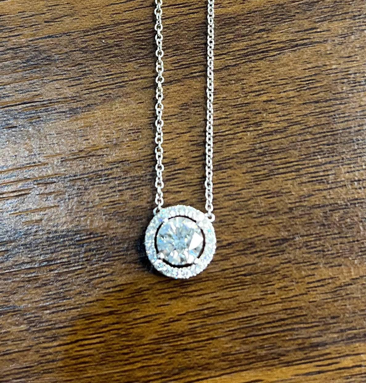 White Brilliant Round Diamond Solitaire Halo Set 18K White Gold Pendant Necklace