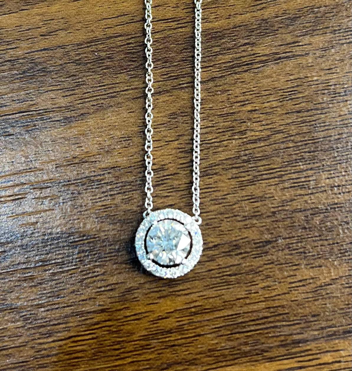 White Brilliant Round Diamond Solitaire Halo Set 18K White Gold Pendant Necklace