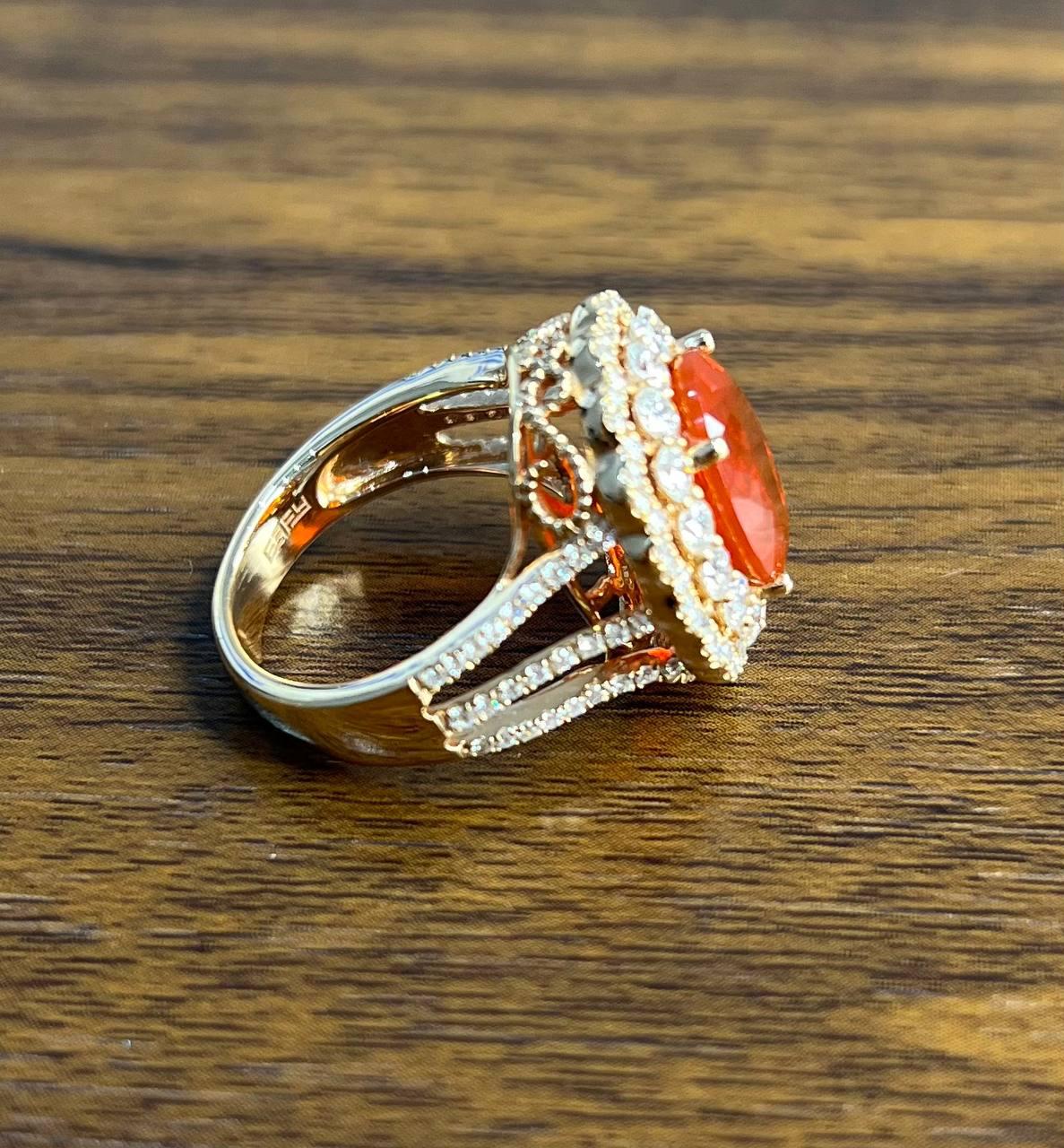 Fire Opal Oval Shape Cut Diamond Halo 14 Karat Rose Gold Statement Classic Ring