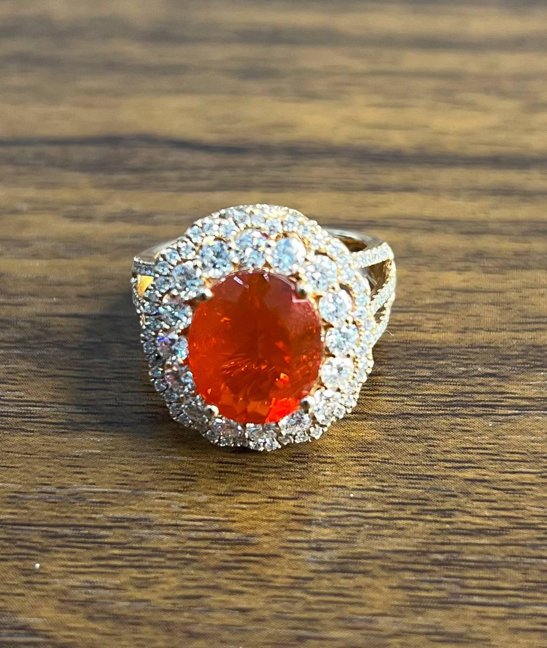 Fire Opal Oval Shape Cut Diamond Halo 14 Karat Rose Gold Statement Classic Ring