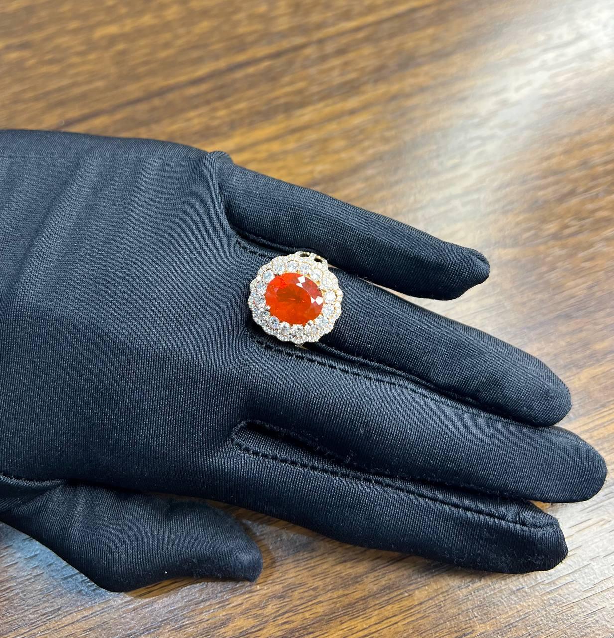 Fire Opal Oval Shape Cut Diamond Halo 14 Karat Rose Gold Statement Classic Ring