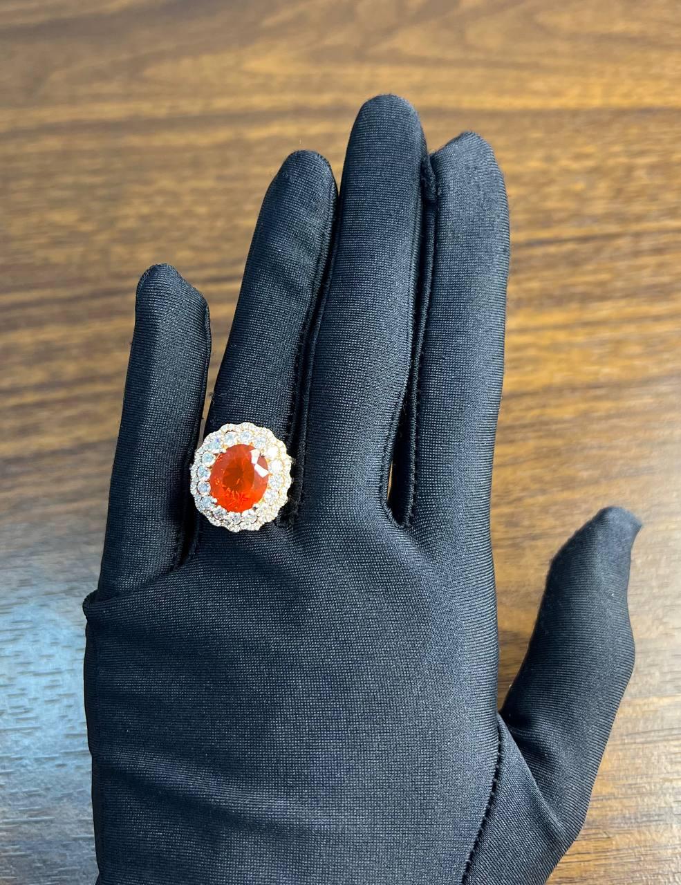 Fire Opal Oval Shape Cut Diamond Halo 14 Karat Rose Gold Statement Classic Ring