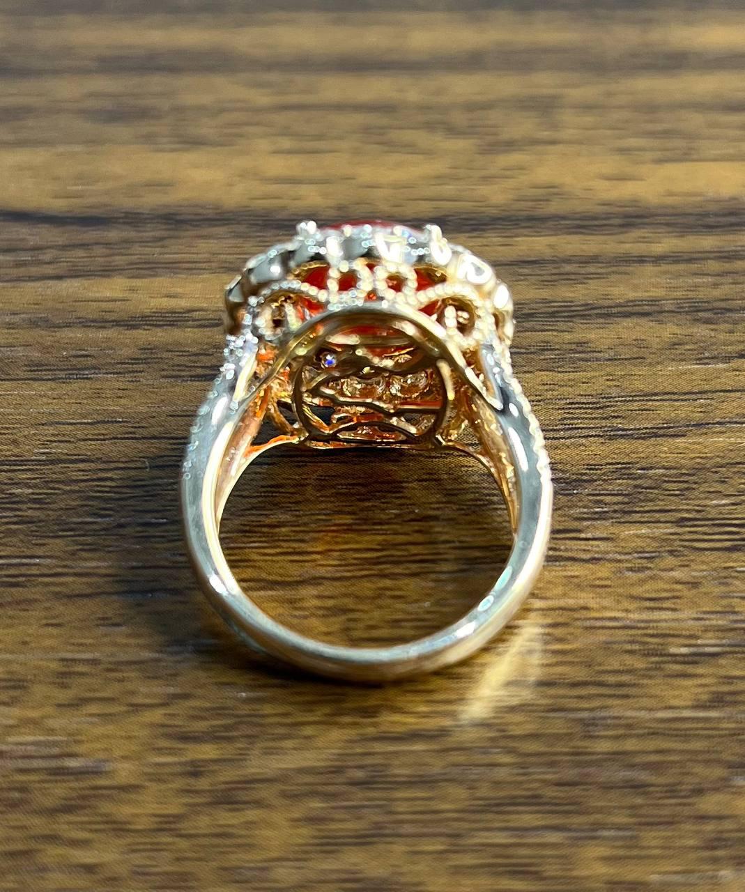 Fire Opal Oval Shape Cut Diamond Halo 14 Karat Rose Gold Statement Classic Ring