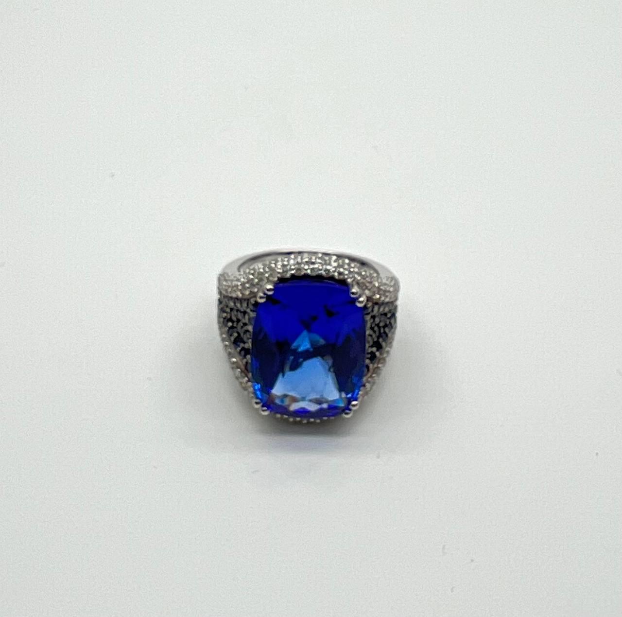 Blue Tanzanite Cushion Cut Blue Sapphire White Diamonds Pave 14K White Gold Ring