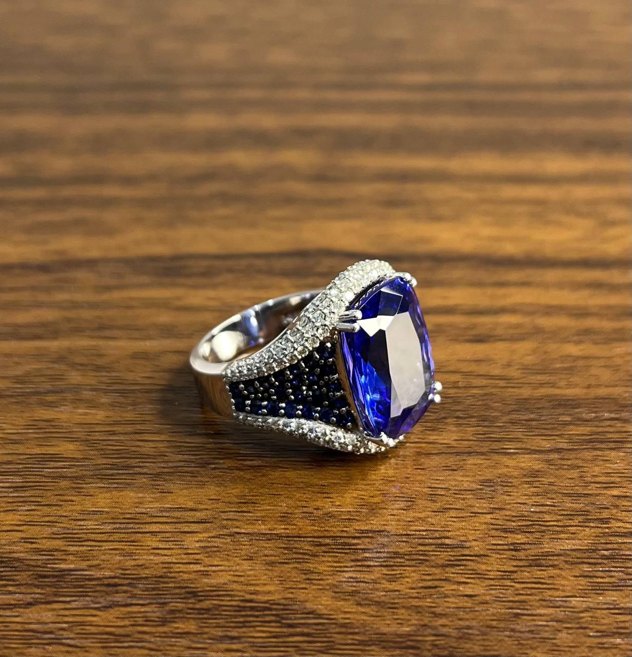 Blue Tanzanite Cushion Cut Blue Sapphire White Diamonds Pave 14K White Gold Ring