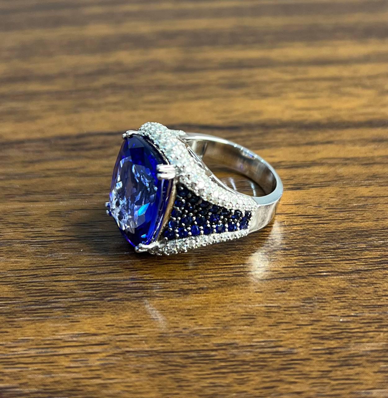 Blue Tanzanite Cushion Cut Blue Sapphire White Diamonds Pave 14K White Gold Ring