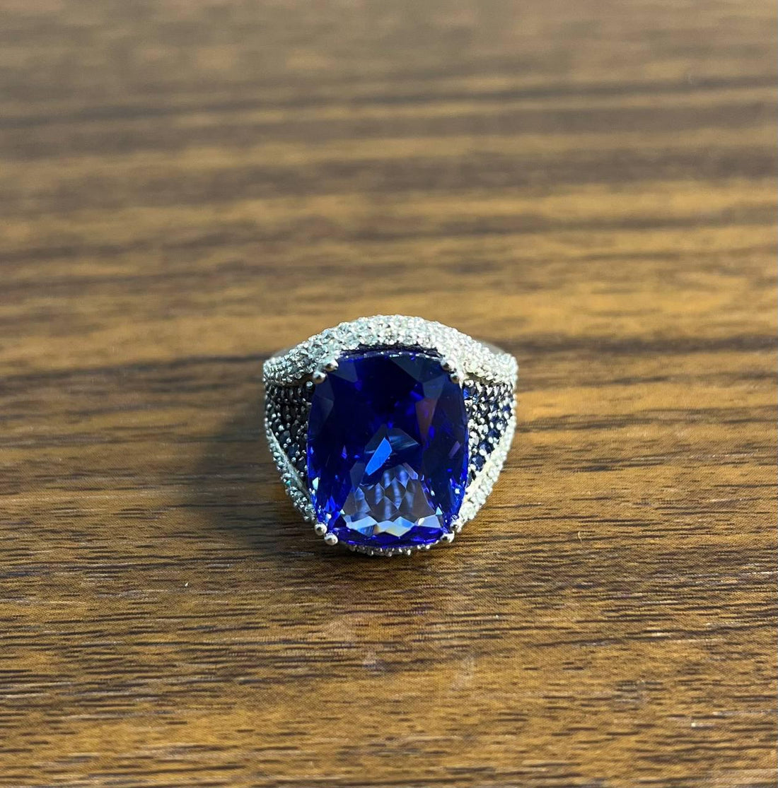 Blue Tanzanite Cushion Cut Blue Sapphire White Diamonds Pave 14K White Gold Ring