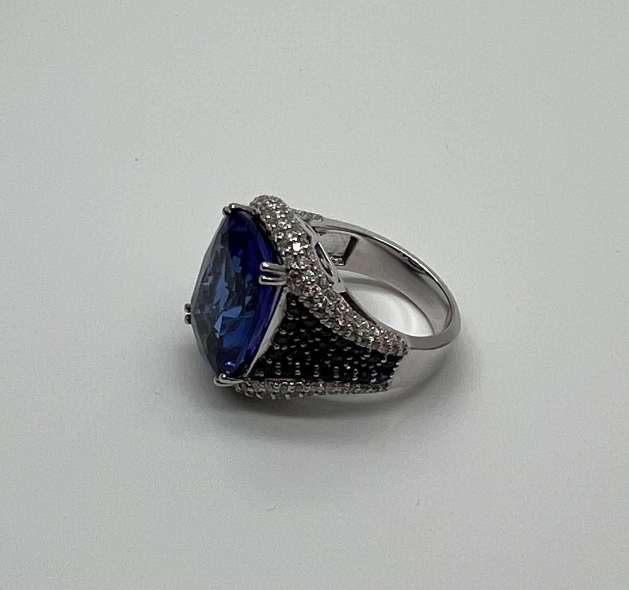 Blue Tanzanite Cushion Cut Blue Sapphire White Diamonds Pave 14K White Gold Ring