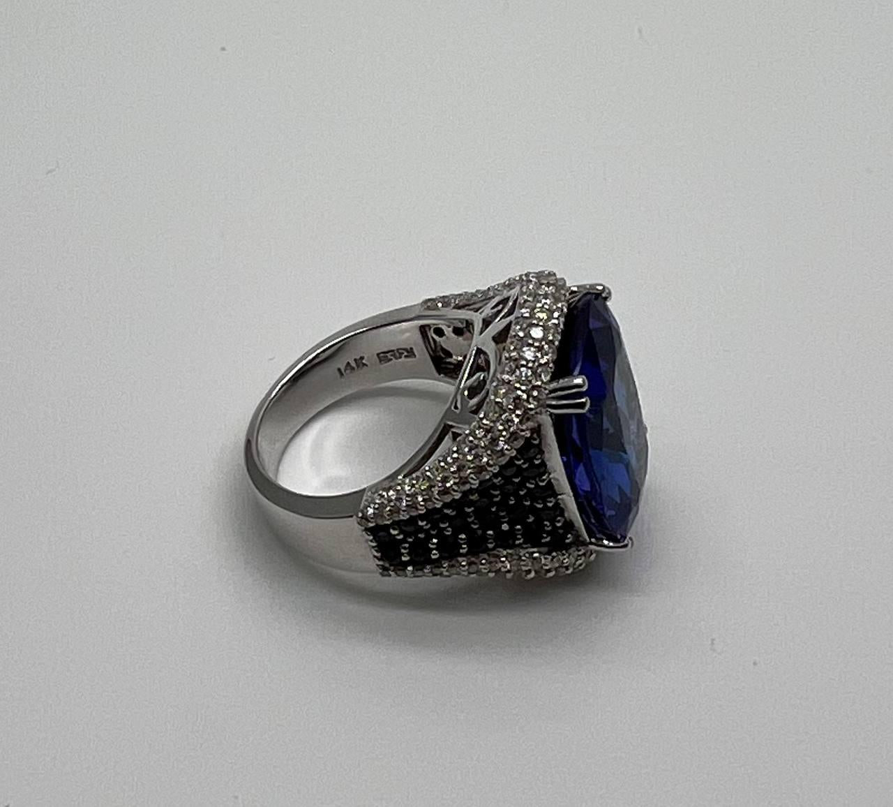 Blue Tanzanite Cushion Cut Blue Sapphire White Diamonds Pave 14K White Gold Ring
